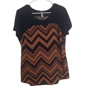 PerSeption Concept Navy Tan Colorblock Chevron Short Sleeve Blouse Size Large